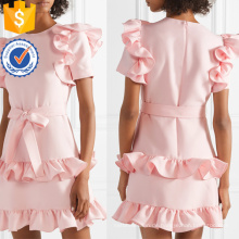 Gekräuselte Kurzarm Rosa Baumwolle Mini Sommerkleid mit Bogen Herstellung Großhandel Mode Frauen Bekleidung (TA0286D)